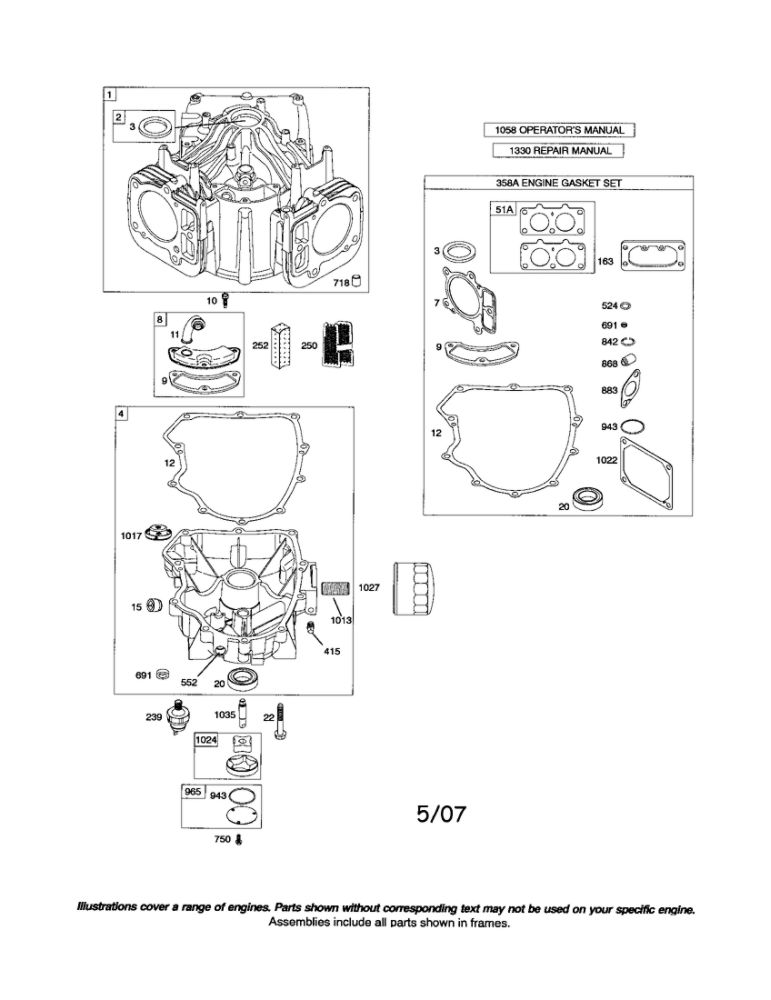 Cylinder/Sump Diagram and Parts List for 44K700 0026-0124 Briggs and Stratton Engine